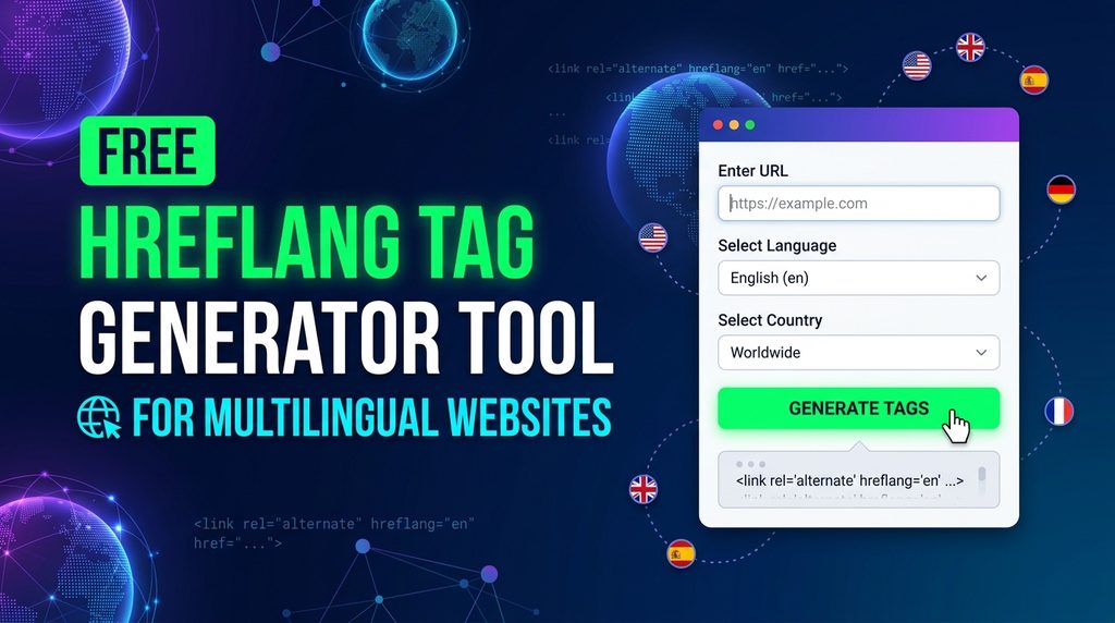 Interface of a free hreflang tag generator tool for multilingual websites beside a digital globe and international flags.