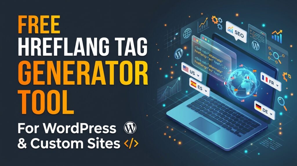 Laptop displaying hreflang code snippets alongside a digital globe and international country flags for SEO optimization.