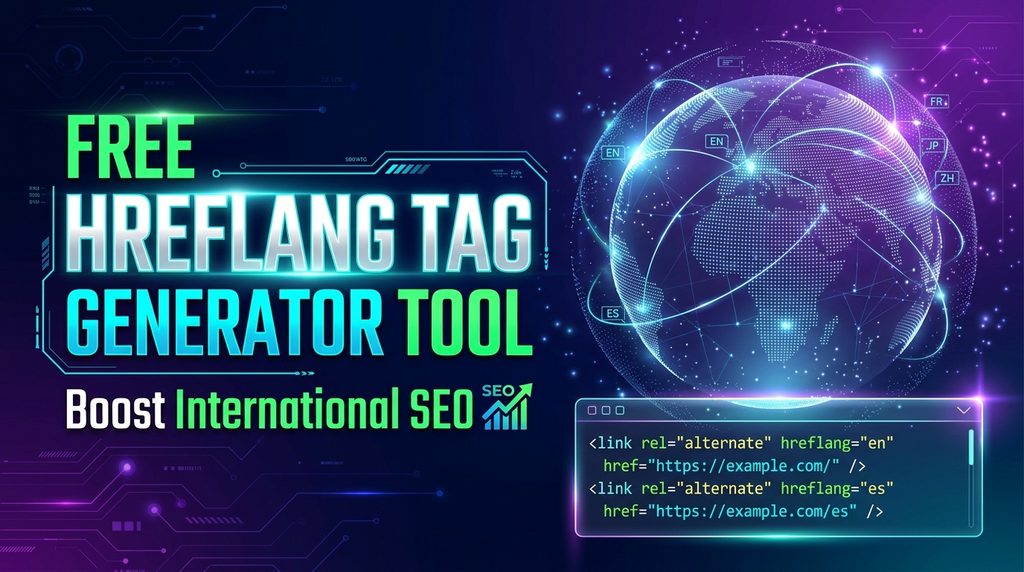 Glowing digital globe connected by international language markers alongside HTML hreflang link tags for multi-language SEO.