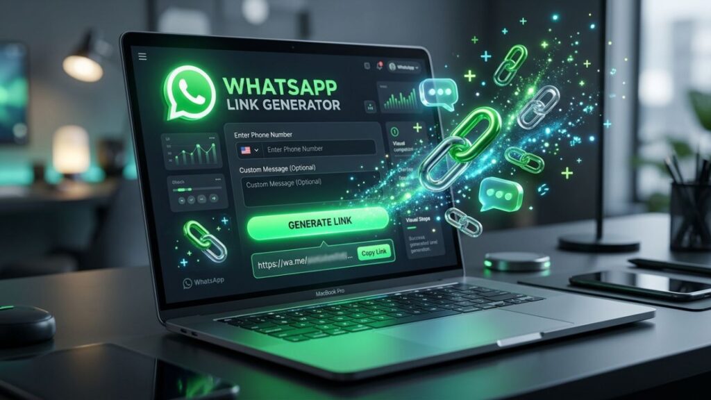 WhatsApp link generator WP tool displayed on a laptop screen showing phone number input and direct chat link generator